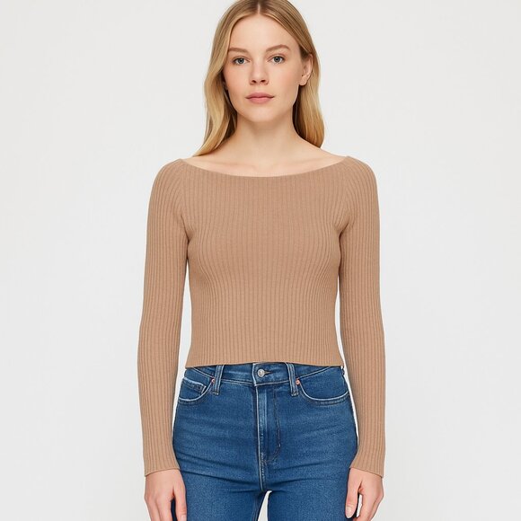 Babaton Aritzia Tan Beige Ribbed Knit Boatneck Sweater Long Sleeve Crop Top XXS - Picture 1 of 13